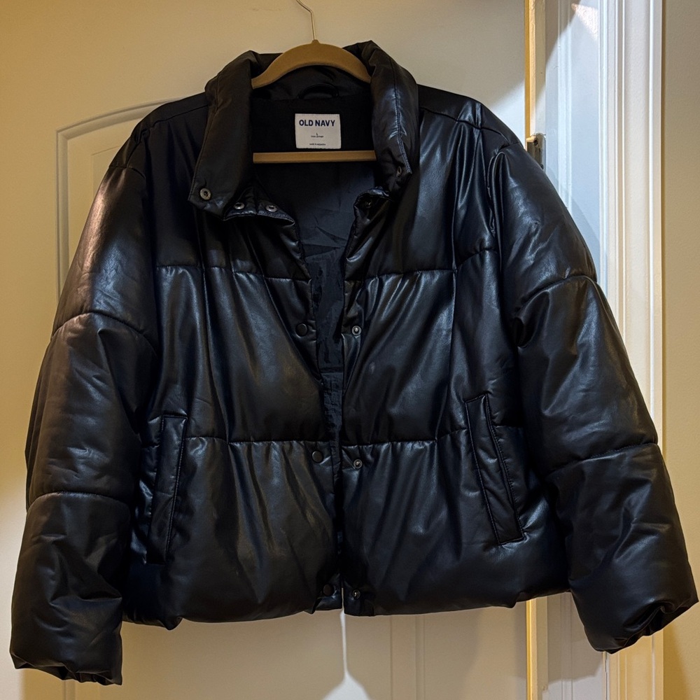 Old Navy Black Faux-Leather Puffer Coat